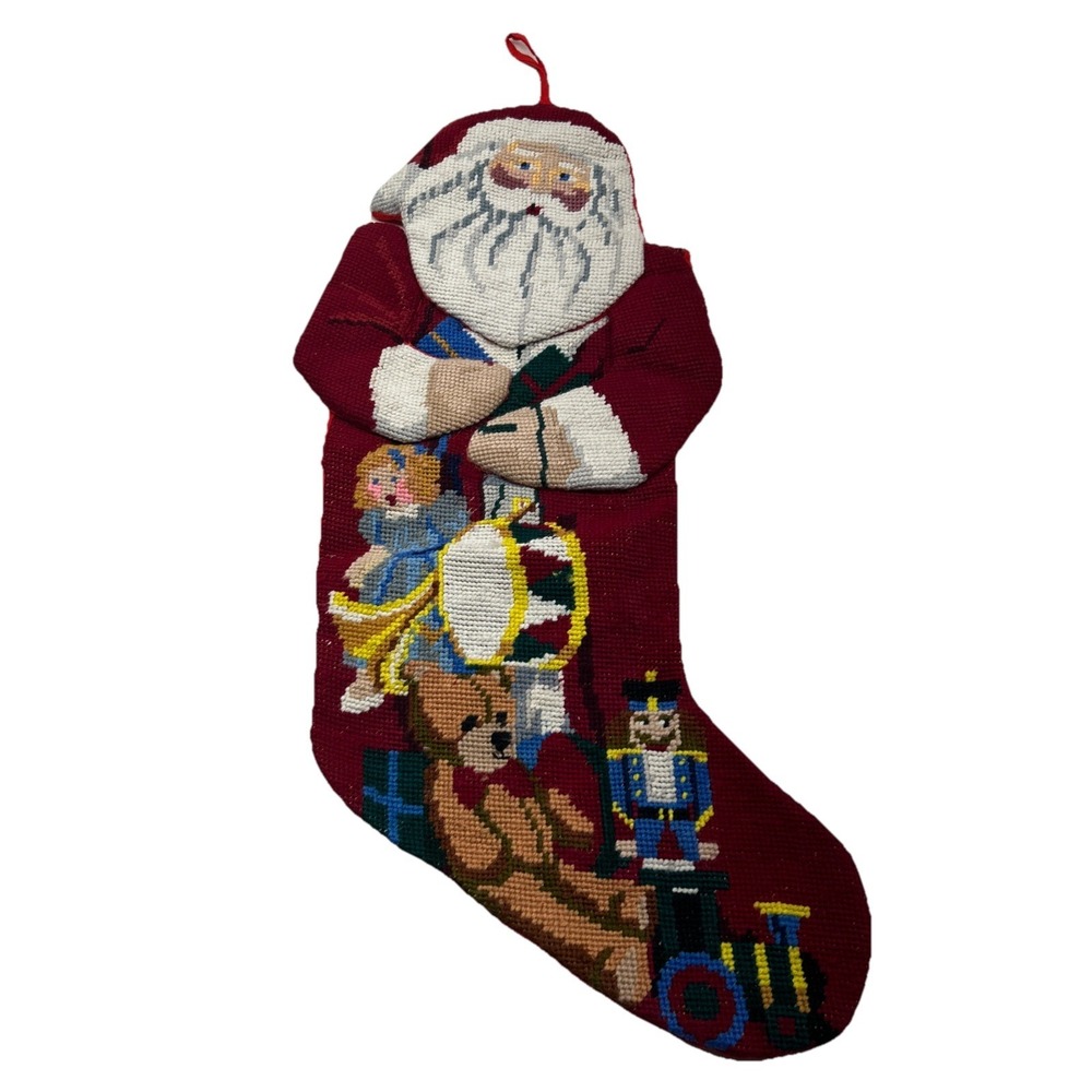 Santa Claus Christmas Stocking St Nick Vintage Needlepoint Original Owner